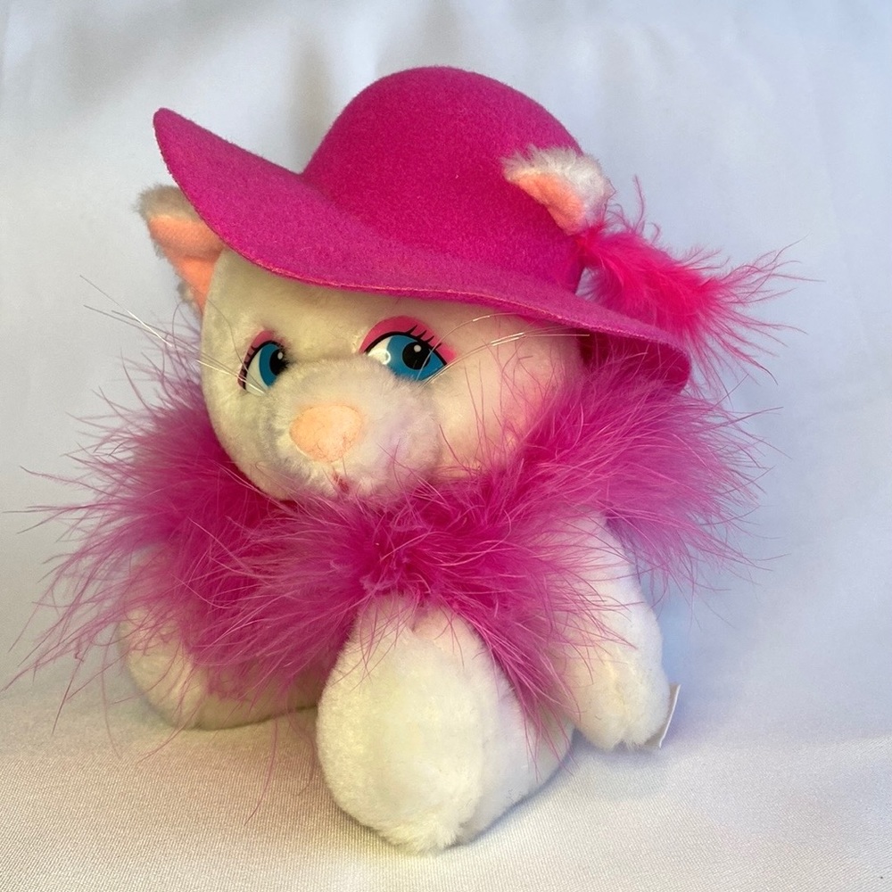 Vintage Margaux 7” plush white cat with hat & feather boa by Russ Berrie